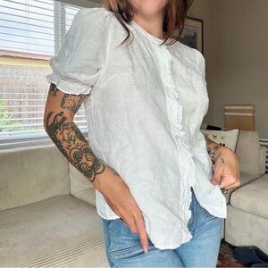 J.Crew White Puff-Sleeve Button-Up Linen Top sz small